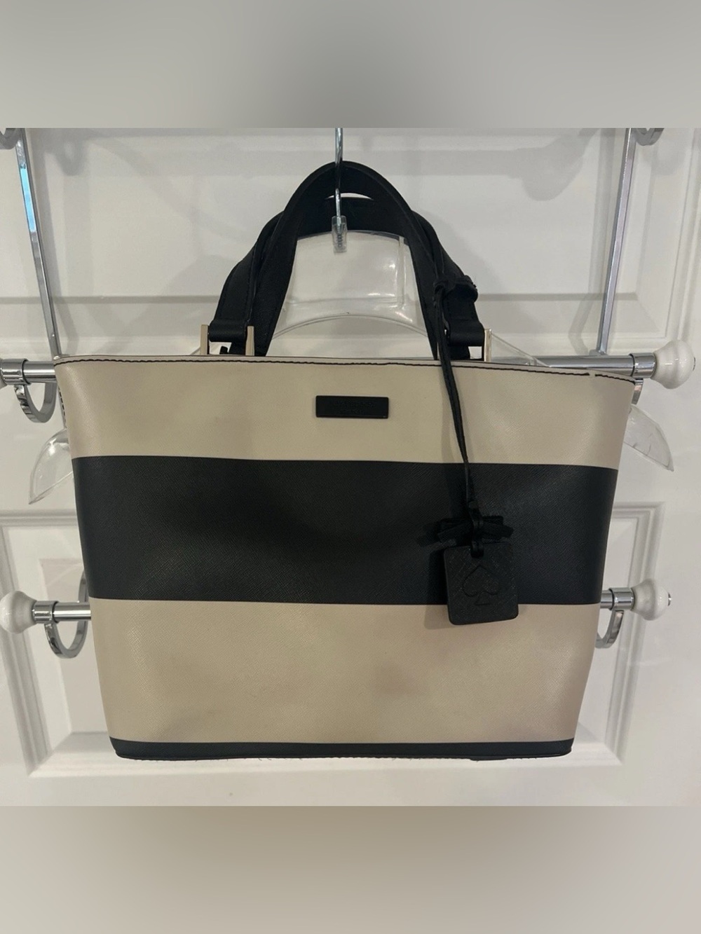 kate spade Black and Cream Striped Tote with Top Handles